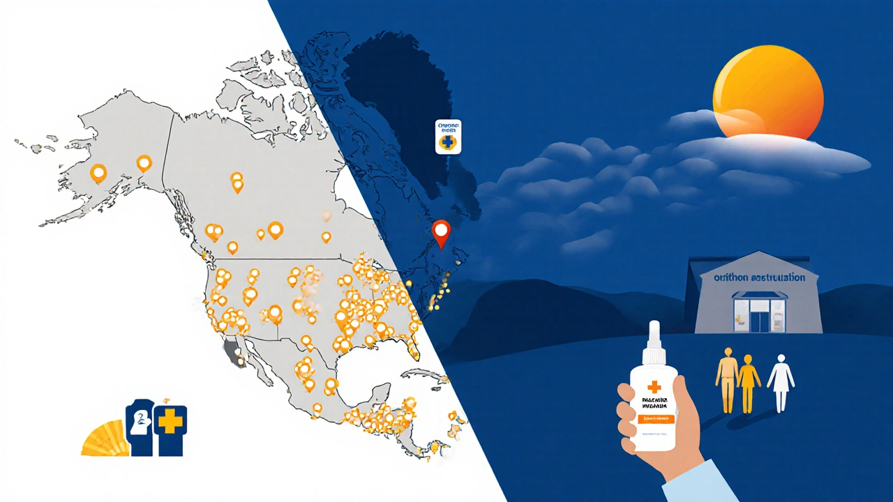Map of Canada showing naloxone access gaps with a person walking toward a pharmacy.