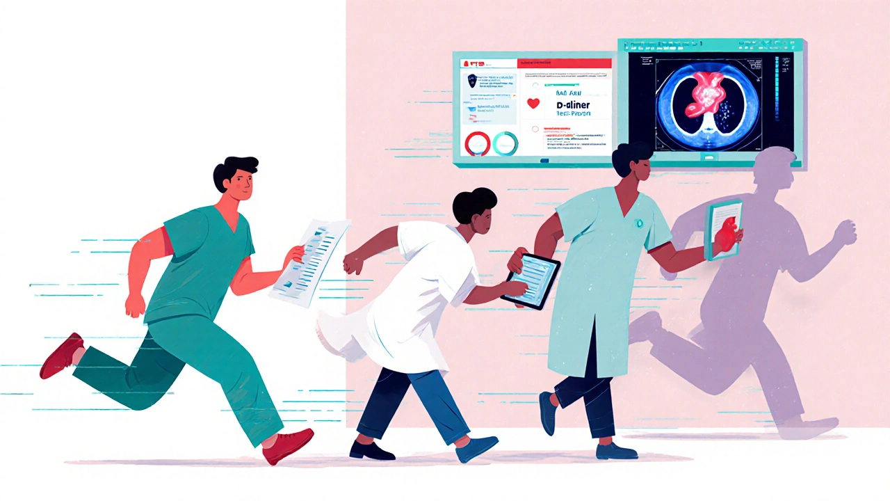 Medical team rushing to treat pulmonary embolism, with diagnostic scans visible in background.