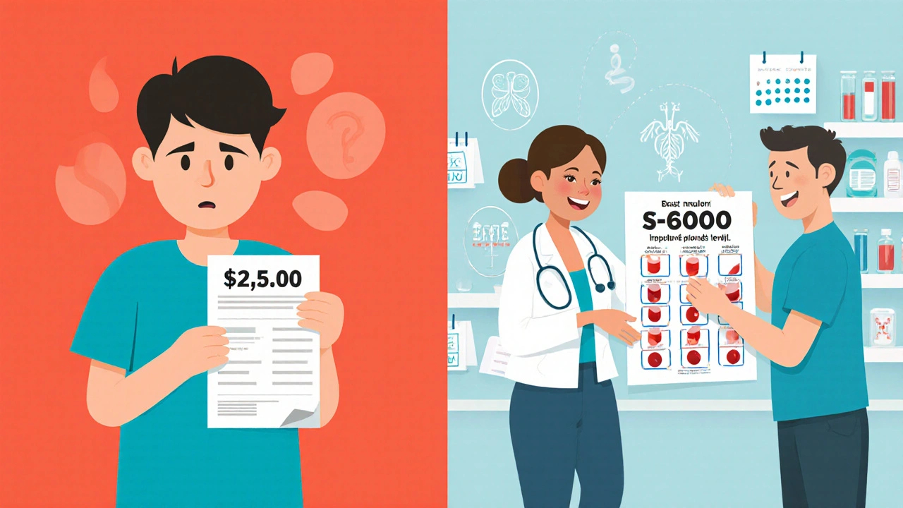 Patient comparing expensive and affordable medication bills with medical team guiding blood test monitoring.