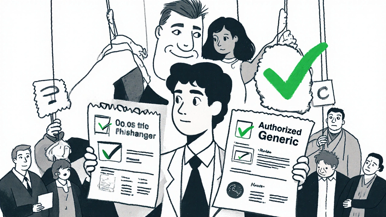 Patient comparing prescription labels while a PBM puppet controls price tiers with strings.