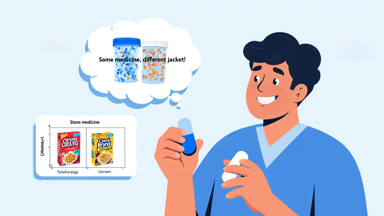 Patient holds two different-colored pills with identical molecular structures inside thought bubbles.