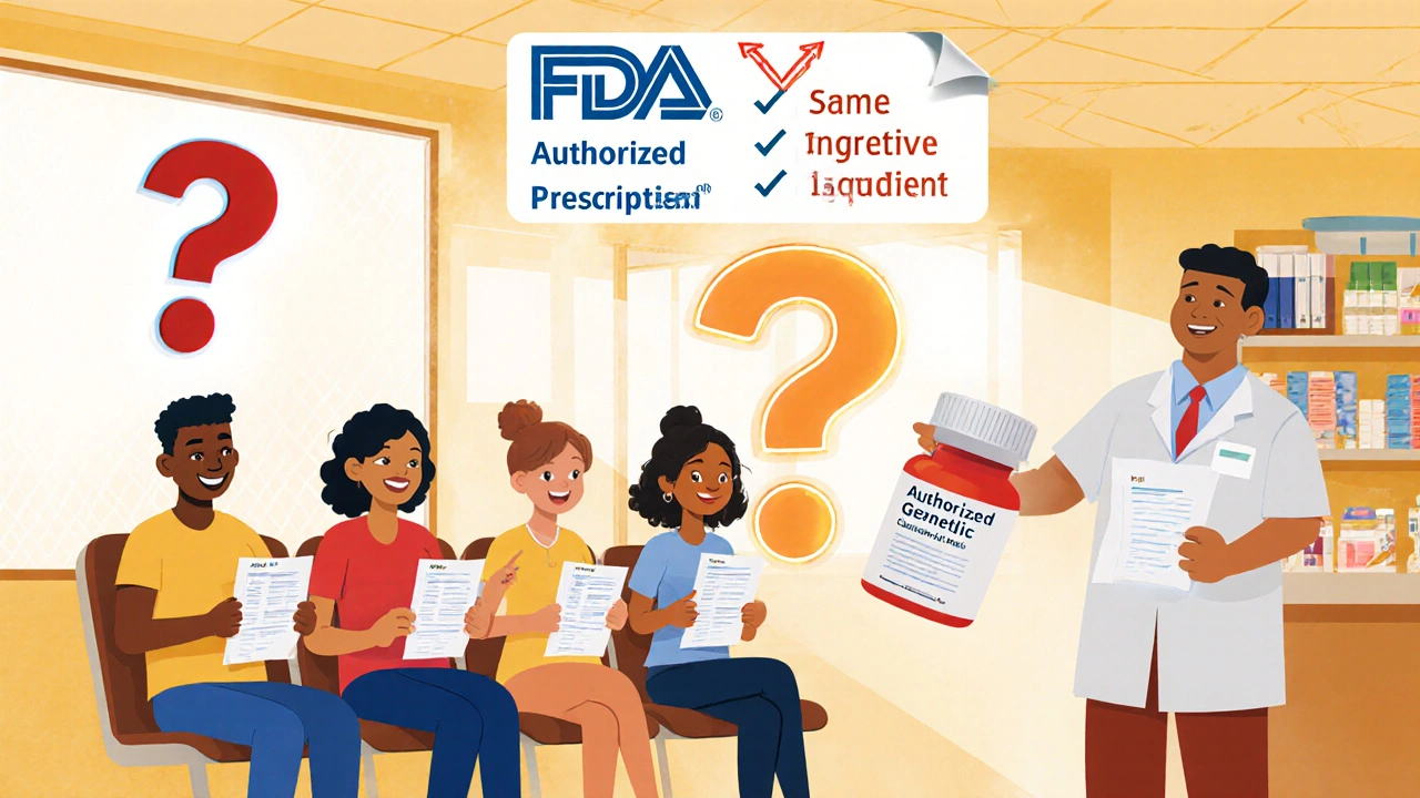 People in a clinic look confused until a glowing FDA guide clarifies generic drug benefits.