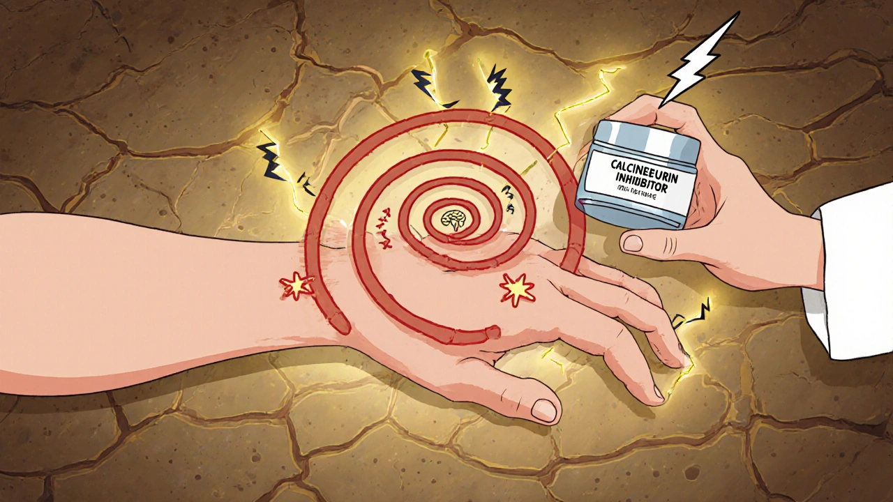 Person scratching arm as itch-scratch loop spirals, doctor applying treatment cream.