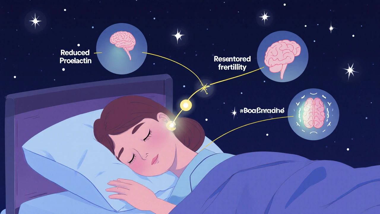 Person sleeping peacefully as dopamine flows through brain, reducing prolactin symptoms