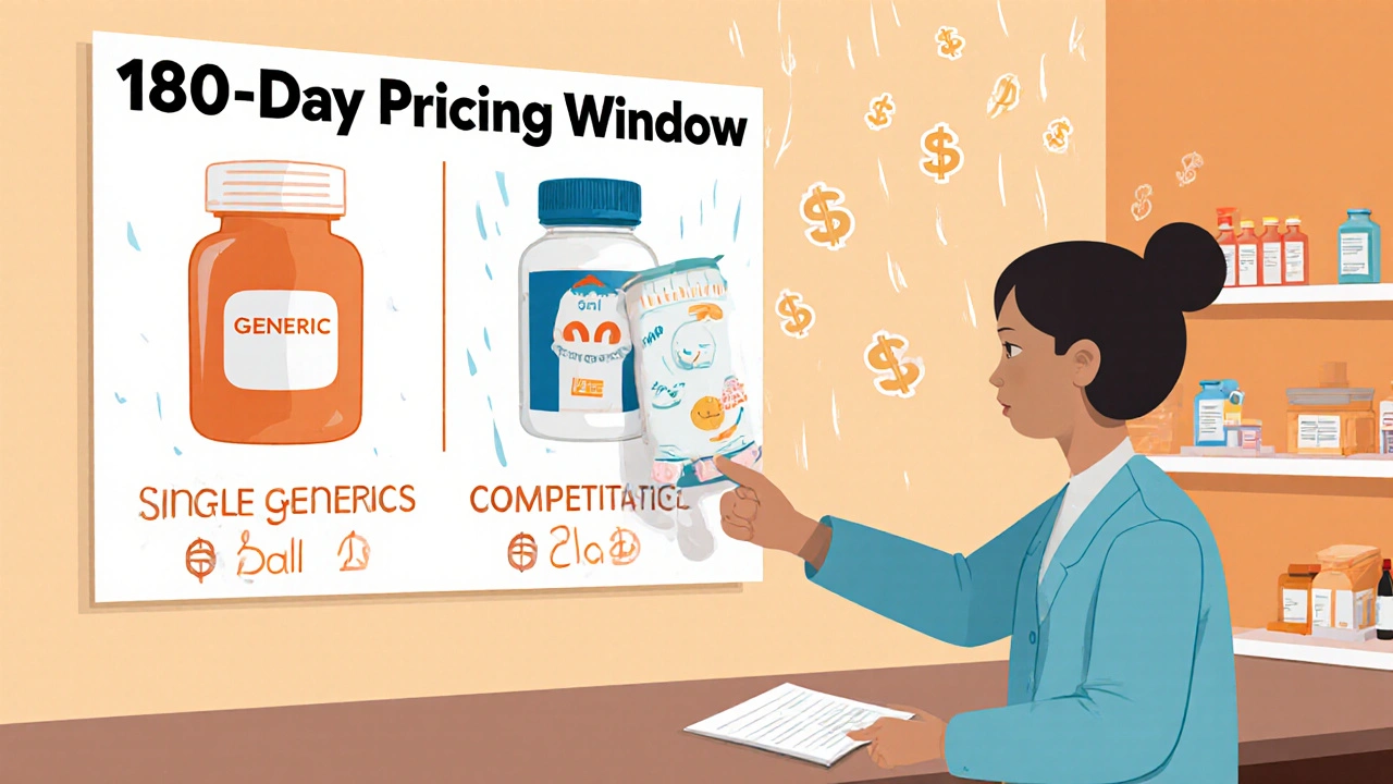 Pharmacist explaining pricing trends to a customer using a chart showing price drops during a 180-day window.