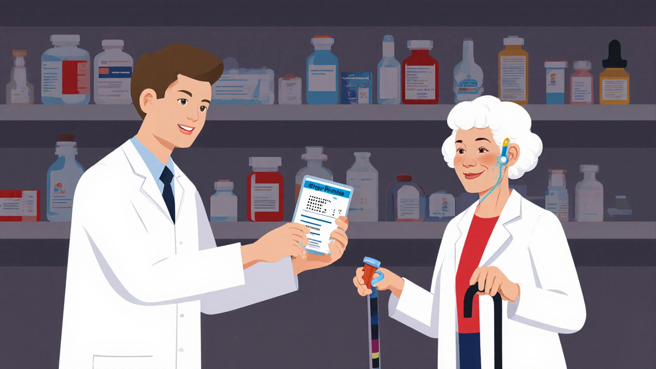 Pharmacist handing accessible prescription to senior with braille label and color-coded cap.