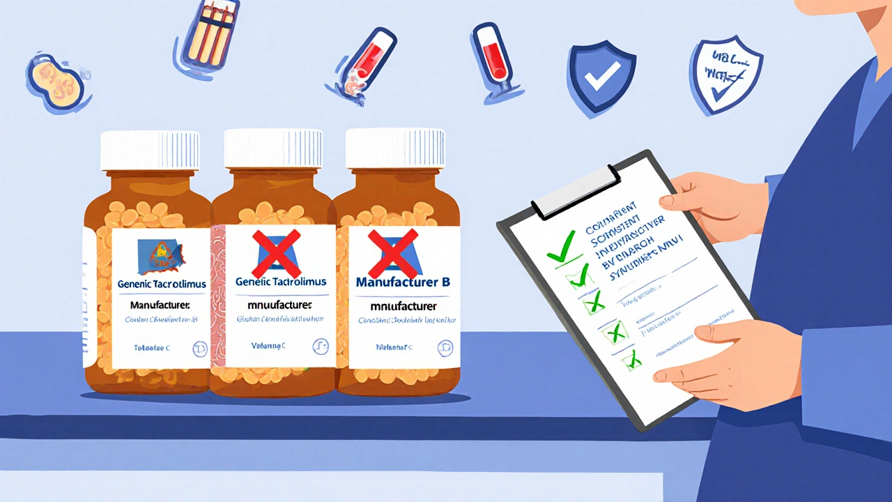 Pharmacist handing correct generic pill bottle to patient while warning against switching manufacturers.