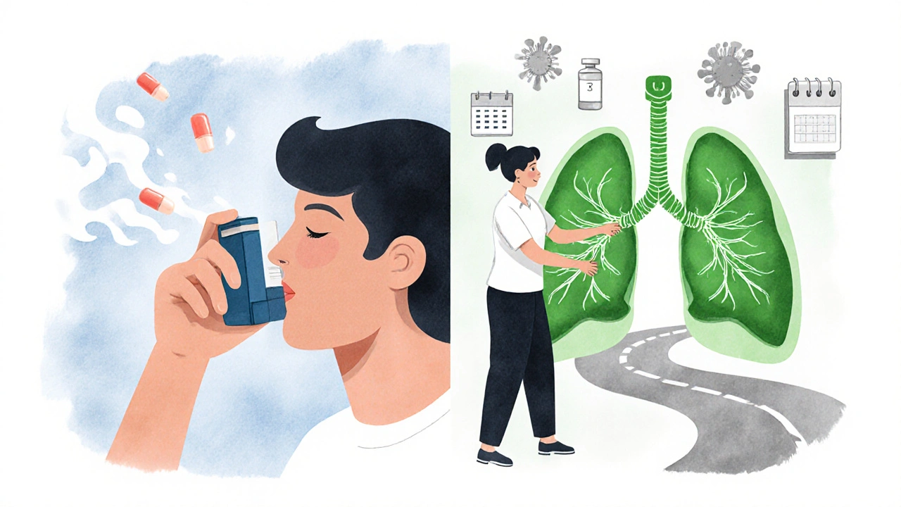 Side-by-side comparison of incorrect vs correct inhaler use with healthy and damaged lungs.