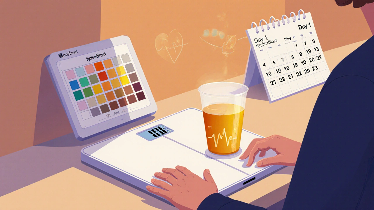 Someone checking their morning weight and urine color with a smart cup nearby, symbolizing daily hydration tracking.