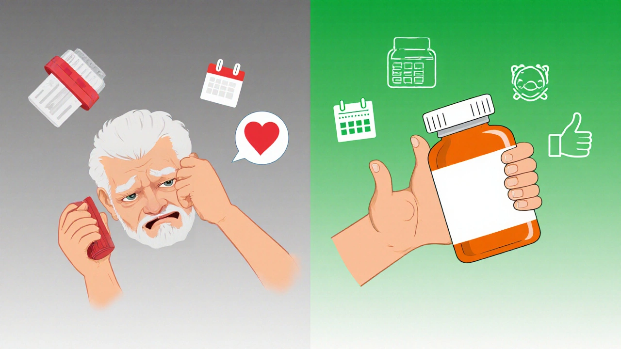 Split image showing transition from struggling with pill bottle to easily opening accessible cap.