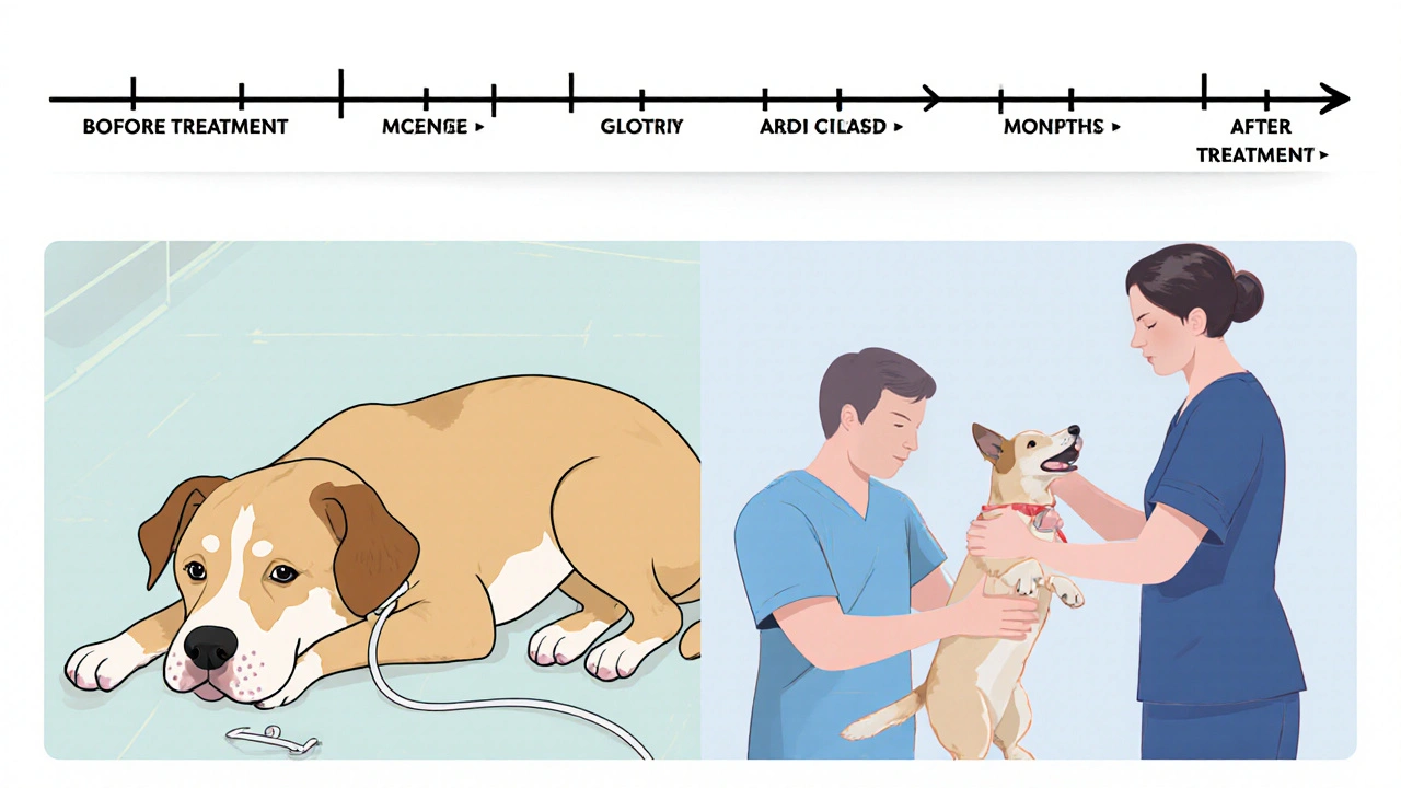 Split image: sick dog in crisis vs. healthy dog receiving injection at vet.