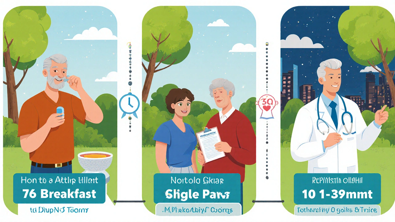 Three men in different life situations connected by a timeline, representing Tadarise use.