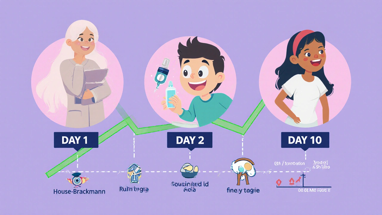Timeline showing Bell’s palsy recovery journey from diagnosis to improved facial movement over 10 days.