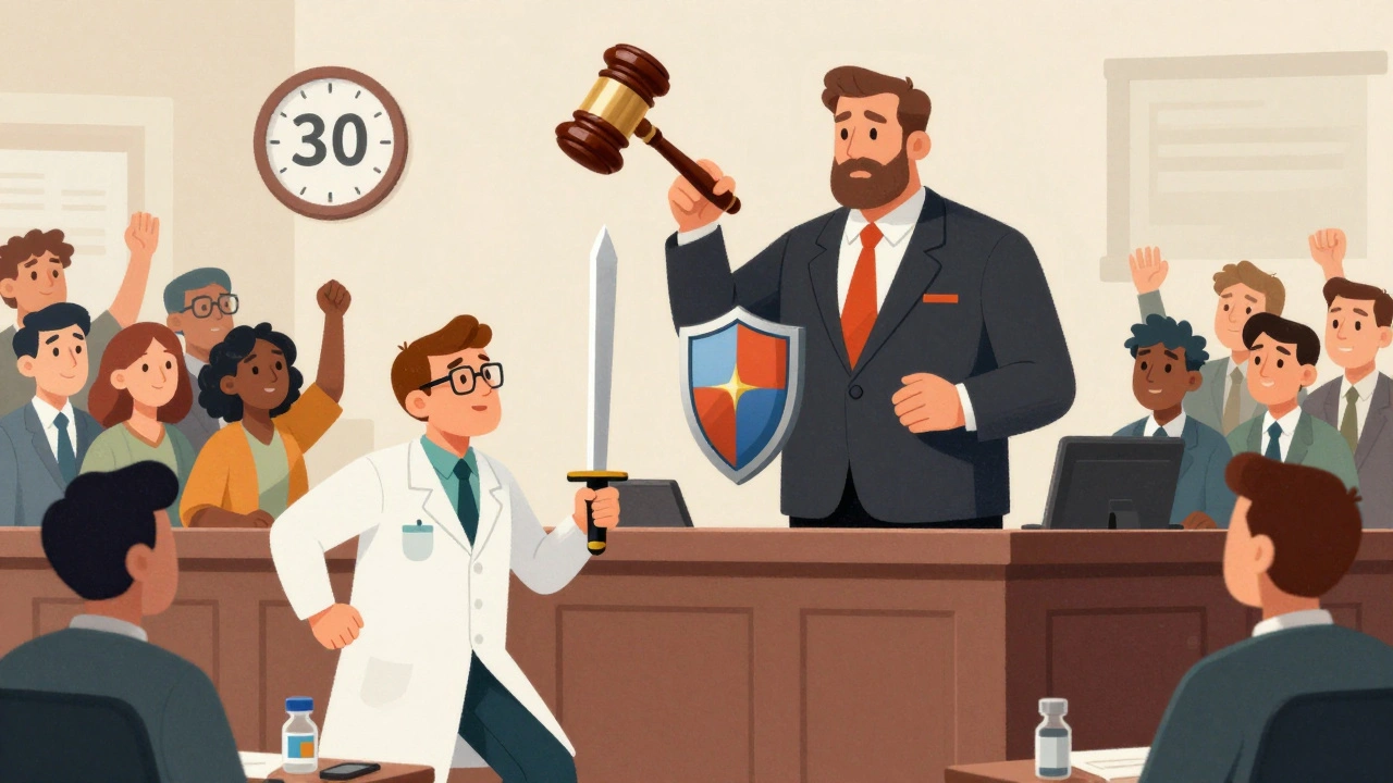 A courtroom battle between a brand-name drug company and a generic manufacturer, with patients cheering in the background.