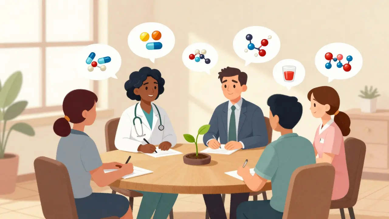 A diverse care team supporting someone with interconnected treatment elements in a warm, unified setting.