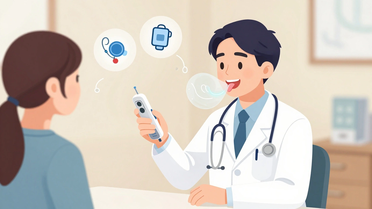 A doctor adjusting an Inspire device remote while a patient smiles, with animated lung and tongue visuals nearby.