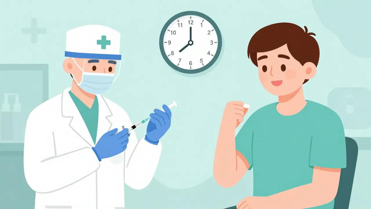 A healthcare worker giving a TB test and later observing a patient take short-course TB medication, with time reduced from 9 to 3 months.