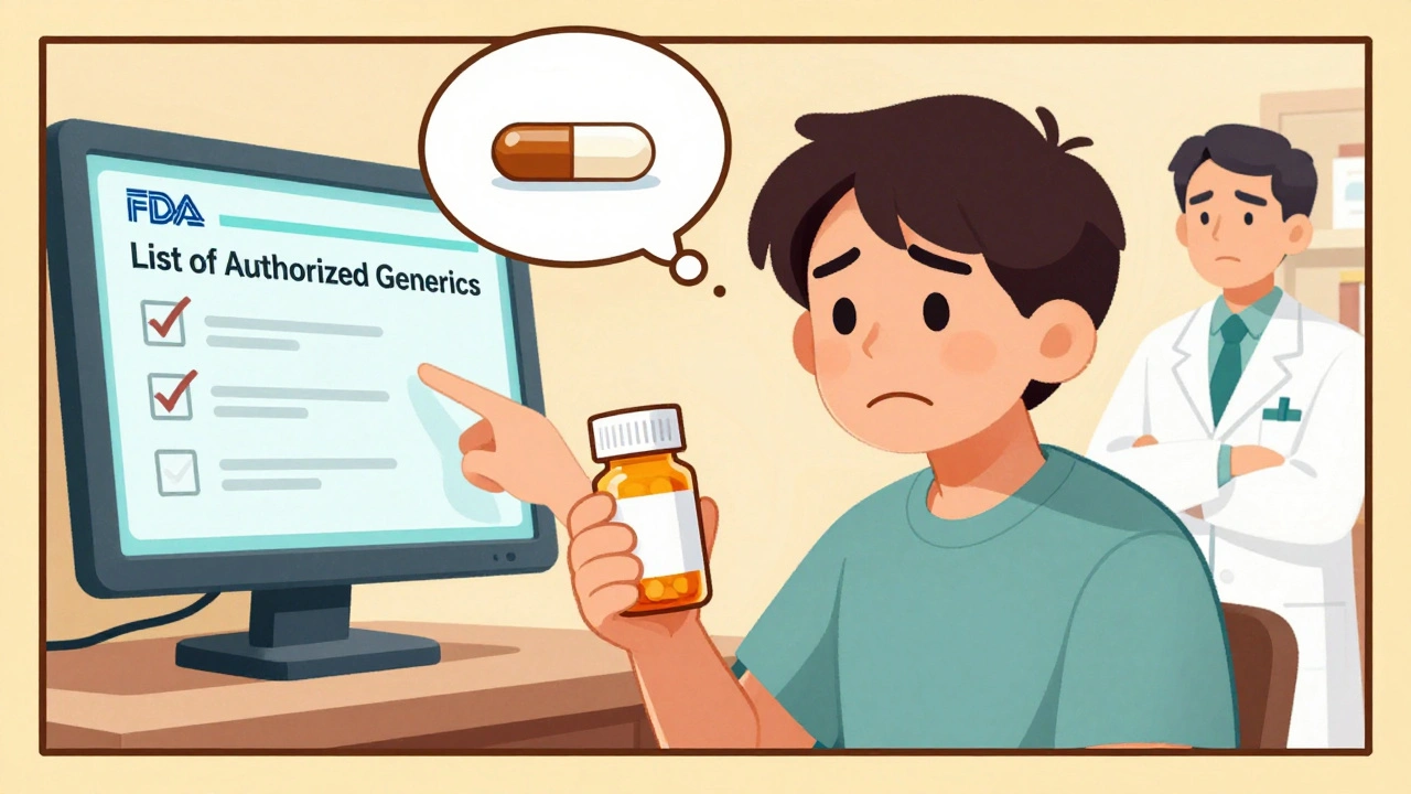 A patient and pharmacist looking at a screen showing an authorized generic drug listing.