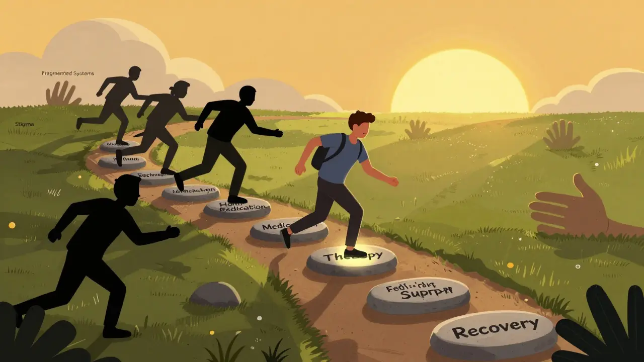 A person ascending a recovery path with supportive steps, overcoming obstacles toward a hopeful sunrise.