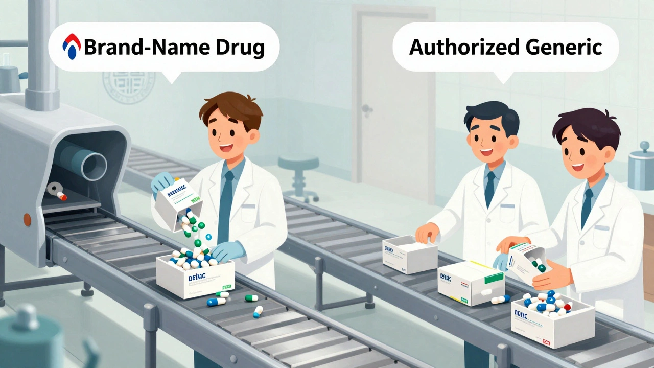 A pharmaceutical factory with two conveyor lines producing identical pills for brand and generic boxes.