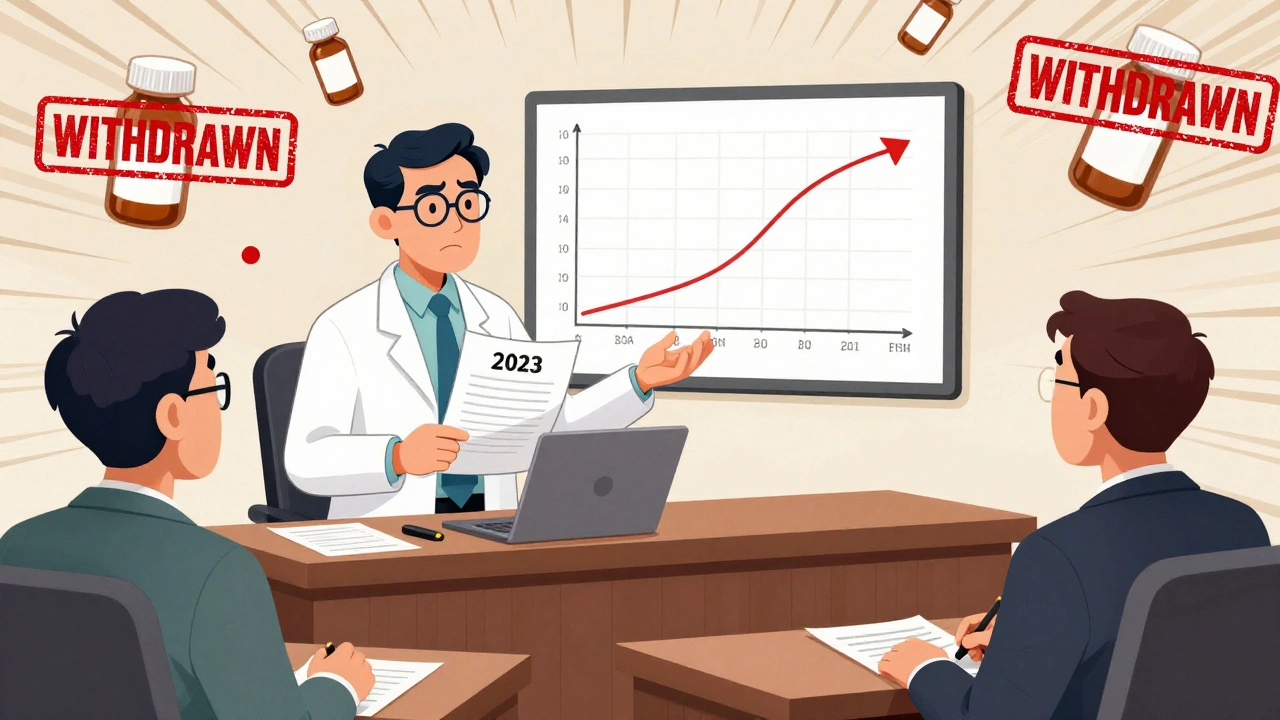 A scientist presents evidence to an FDA official holding a 2023 law scroll, with withdrawn drug bottles floating behind.