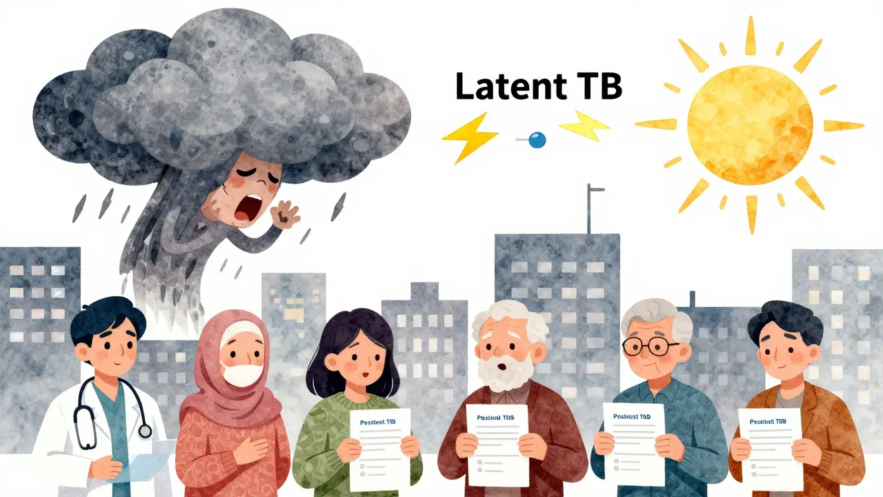 A storm cloud of latent TB transforms into sunshine as people get tested and treated, symbolizing prevention and hope in a diverse community.