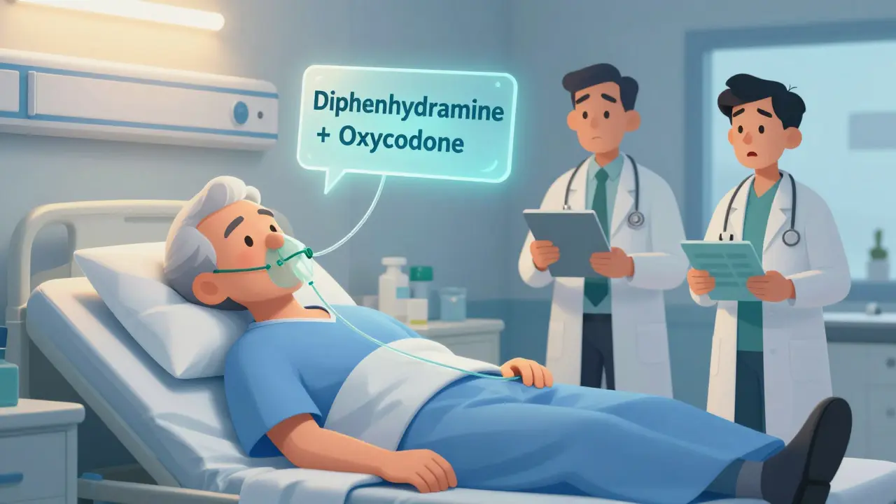 An elderly patient unconscious in bed with loose oxygen tubes, while medical staff react to unseen drug interaction.