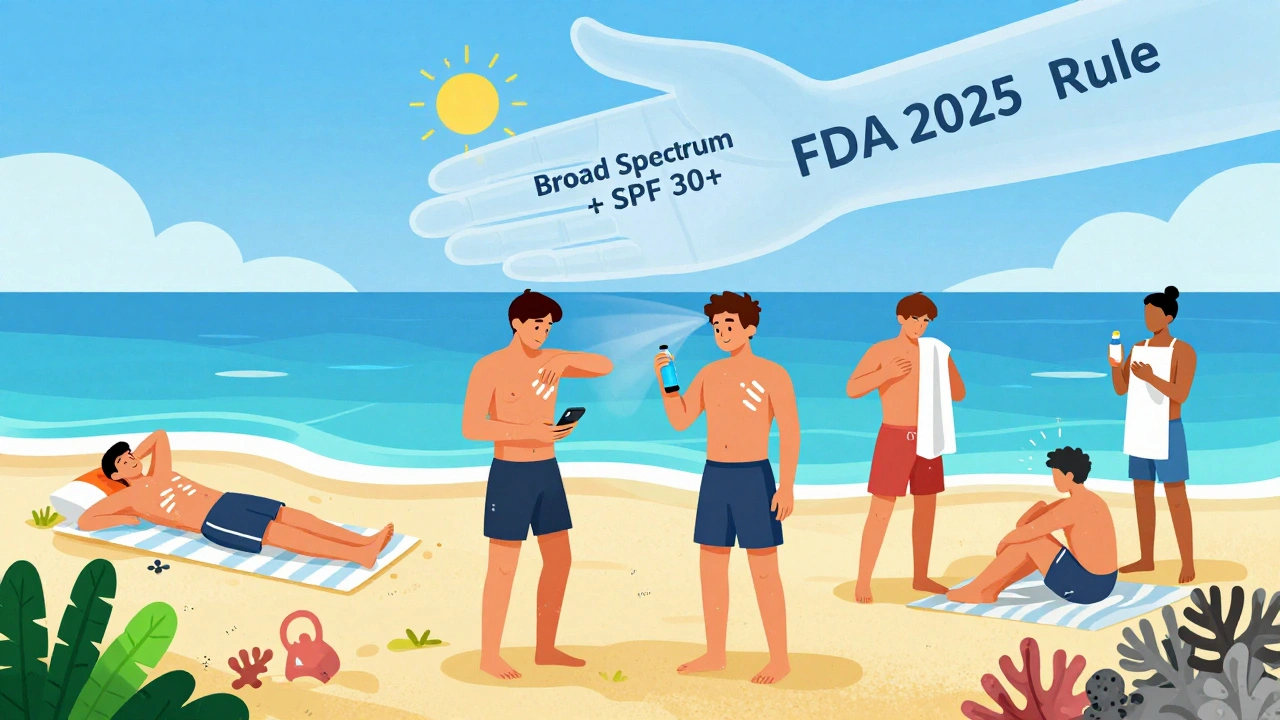 Beachgoers reapplying sunscreen vs. others unprotected, with FDA rule and coral reef health implied.