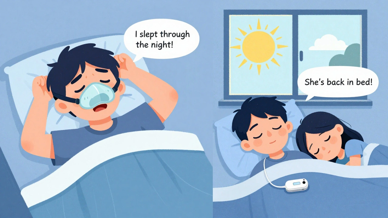 Before and after: one side shows CPAP struggle, the other shows peaceful sleep with a partner beside them.
