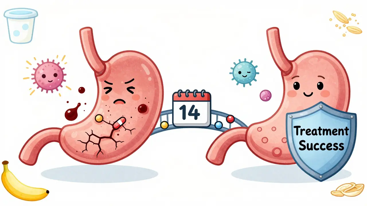 Before-and-after stomach healing timeline showing damage and recovery with treatment icons