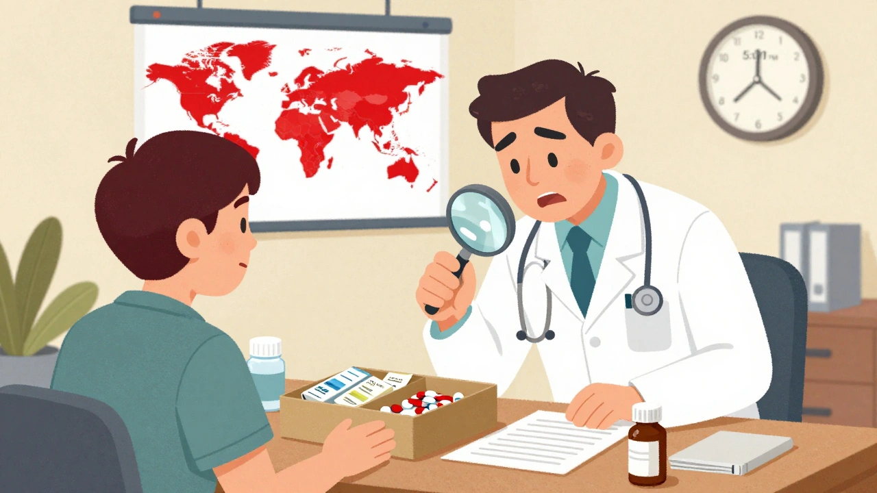 Canadian doctor examining unmarked pills from abroad with patient presenting receipts.