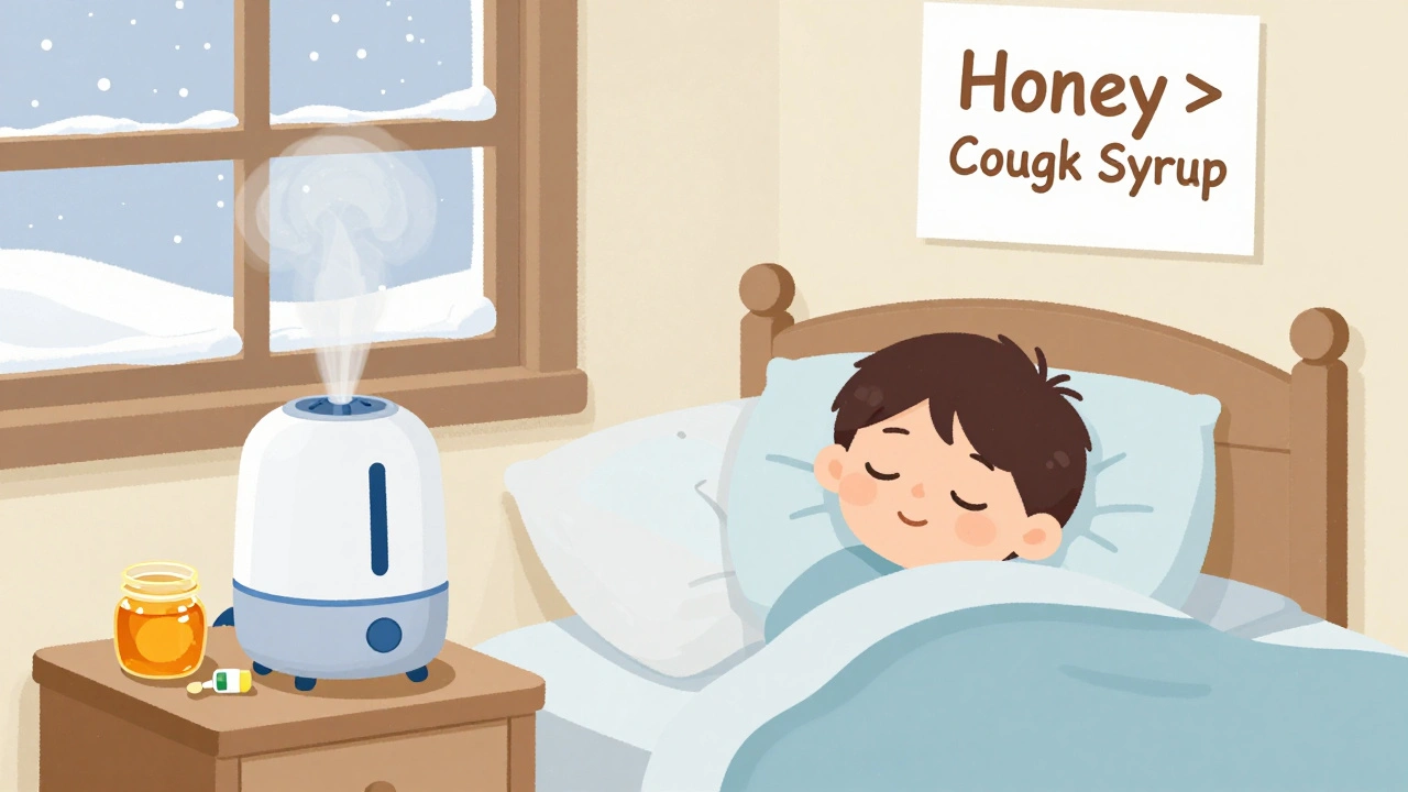 Child sleeping peacefully with humidifier and honey on nightstand, no medicine in sight.