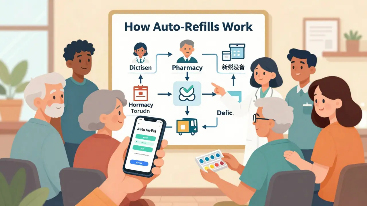 Diverse group learning about auto-refill system with pharmacist and flowchart.