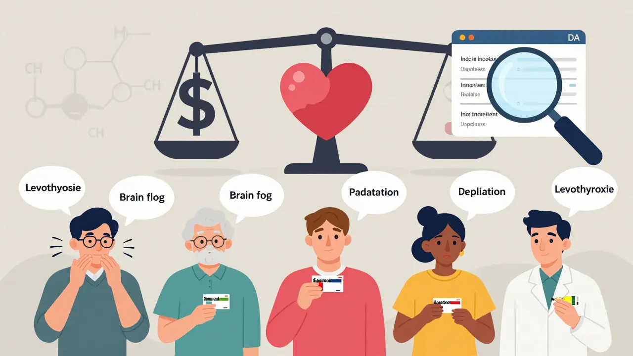 Diverse patients holding different generic pills, each with unique symptoms above them, a scale balancing cost and health.