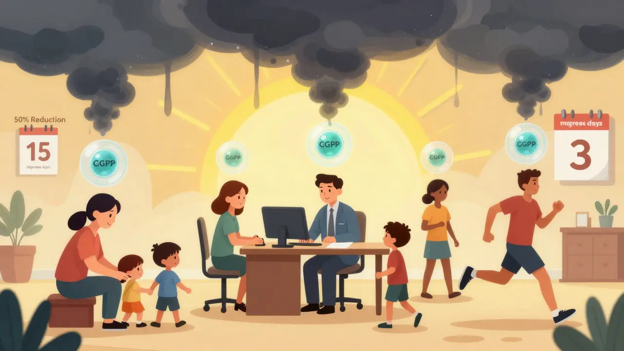 Diverse patients with CGRP inhibitors as protective halos as migraine clouds dissolve into sunshine.