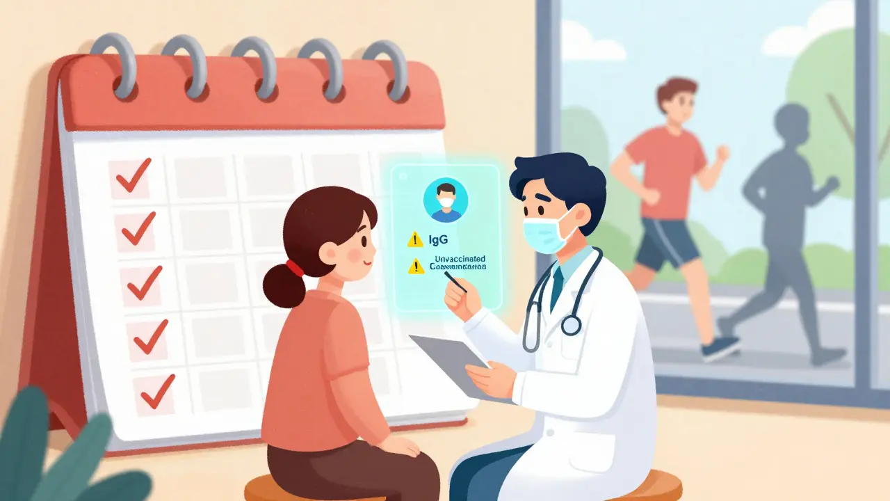 Doctor and patient reviewing a health calendar with an AI system highlighting infection risks.