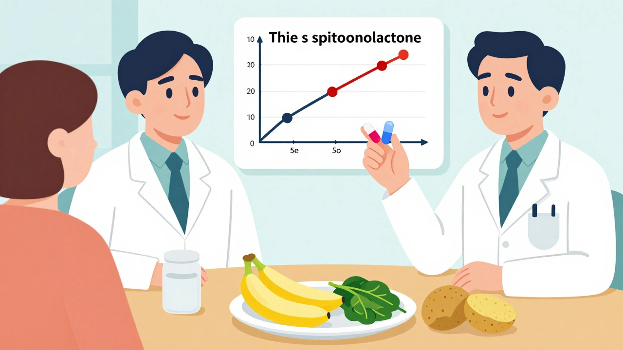Doctor holding diuretic and potassium-sparing pill next to healthy foods, potassium levels stabilizing.