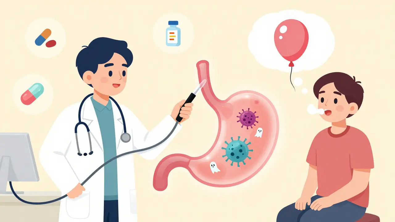 Doctor using endoscope to view H. pylori in stomach, patient exhaling breath test balloon