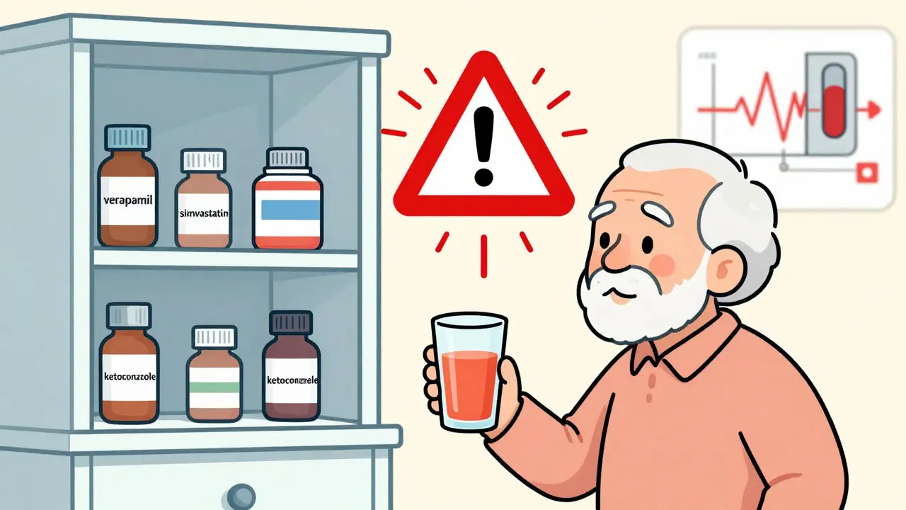 Elderly person with grapefruit juice and medications, surrounded by pulsing warning symbols.