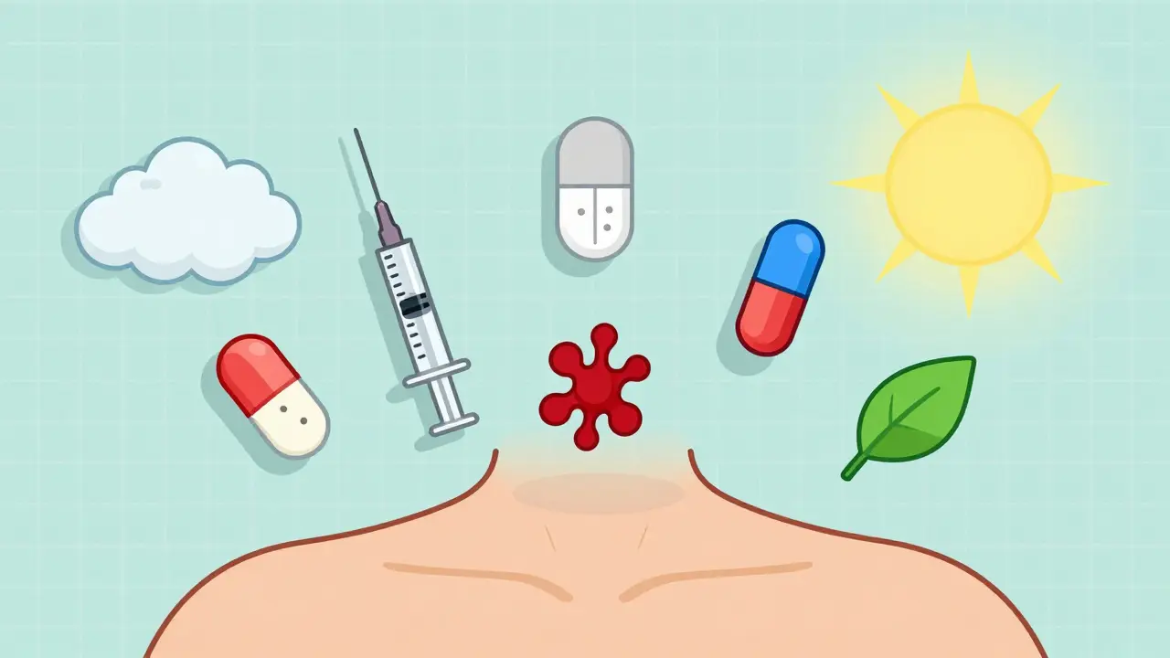 Five medication icons casting symbolic risk shadows above a patient’s shoulder.