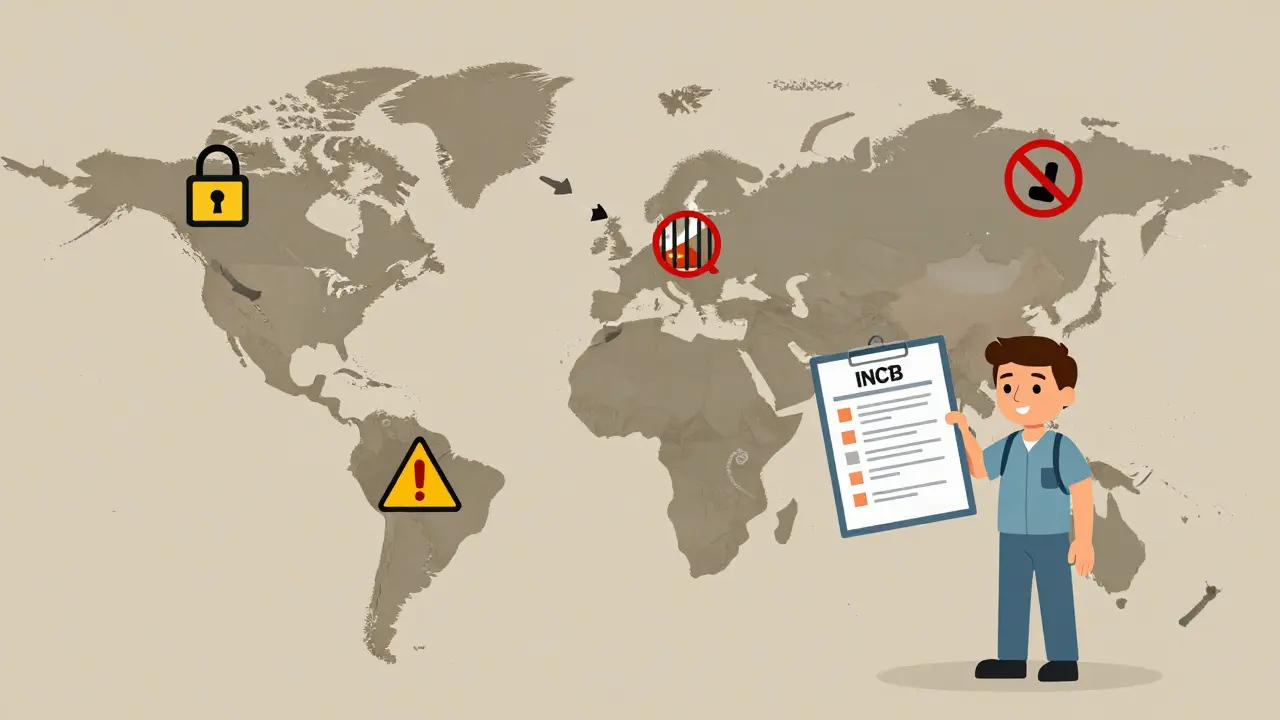 Global map showing banned medications in countries like Japan and Thailand, traveler holding doctor’s letter and INCB guide.
