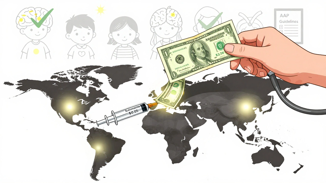 Global map showing cheap sulfonamide vs. safer amoxicillin, with brain damage symbols and AAP checklist.