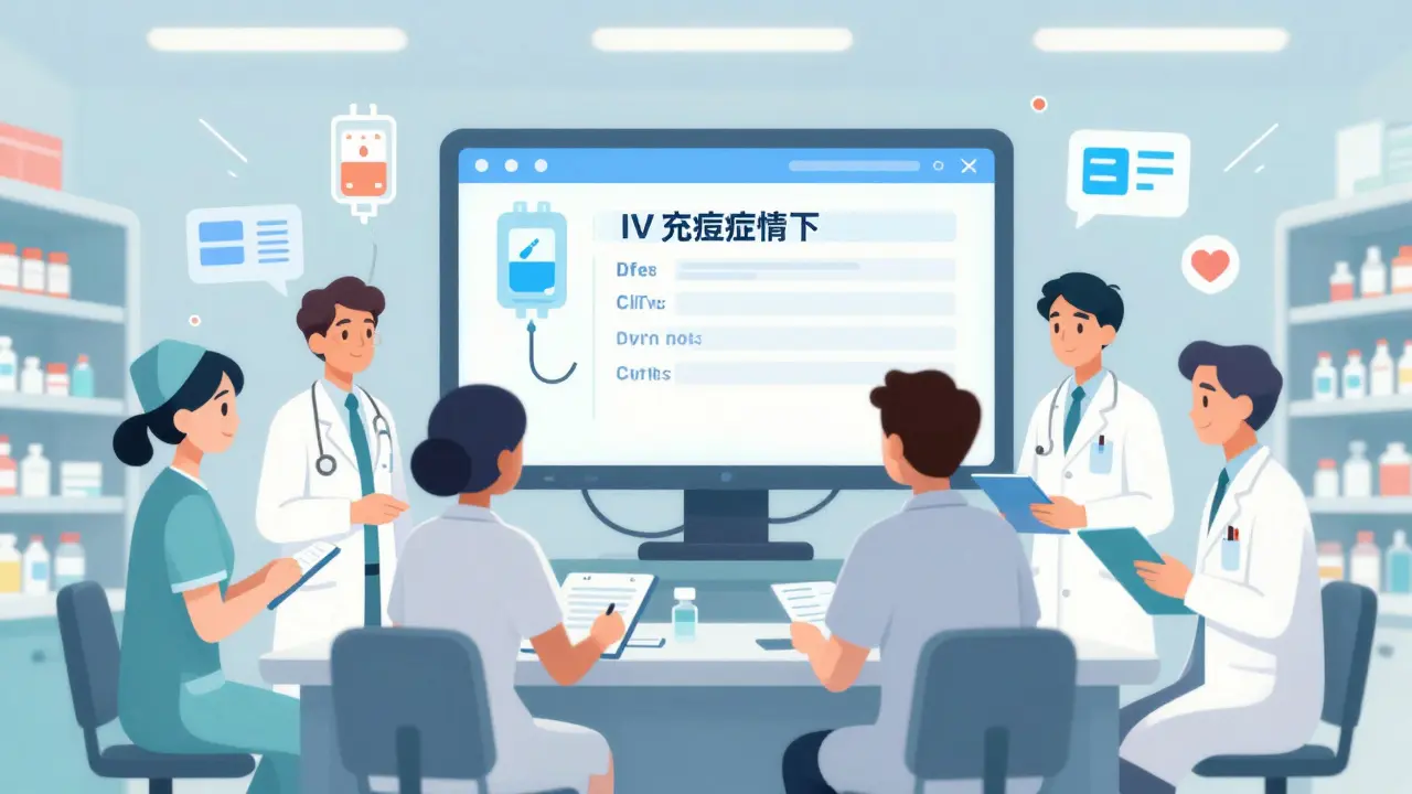 Hospital pharmacy team reviewing a digital screen showing a vote to substitute IV antibiotics, with medical icons around them.