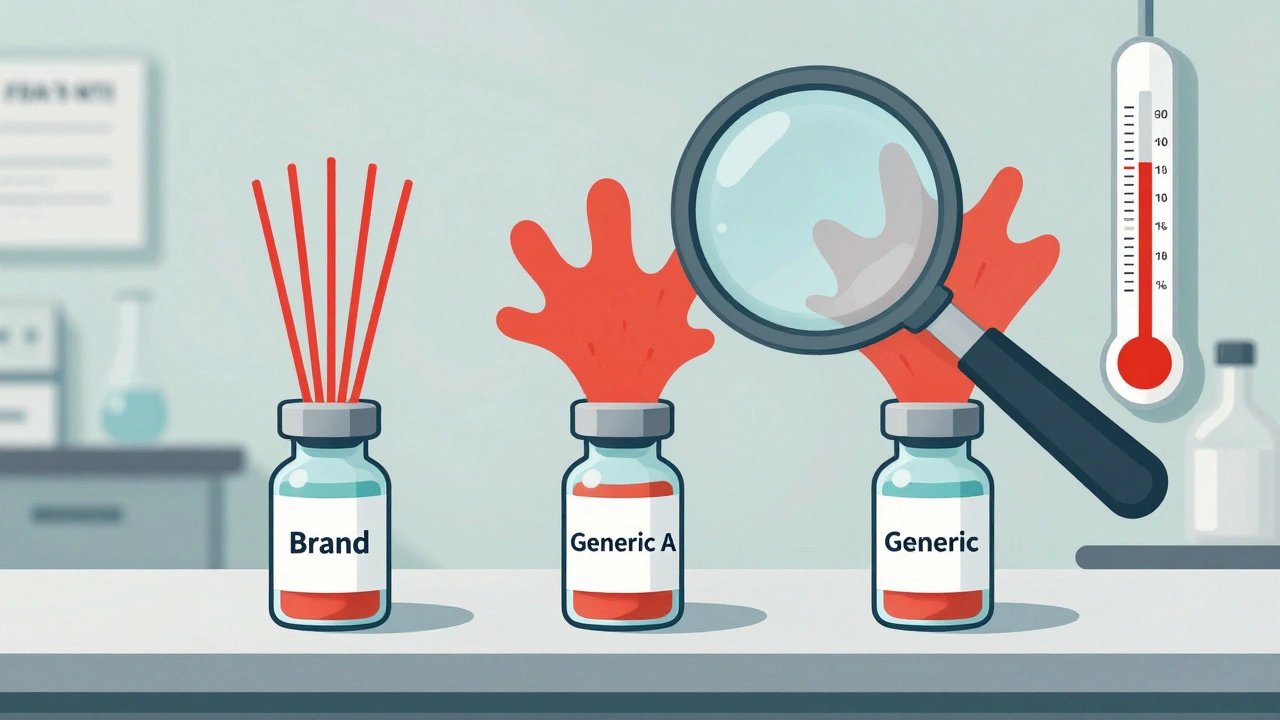 Magnifying glass reveals differing drug concentration patterns between brand and two generic versions.