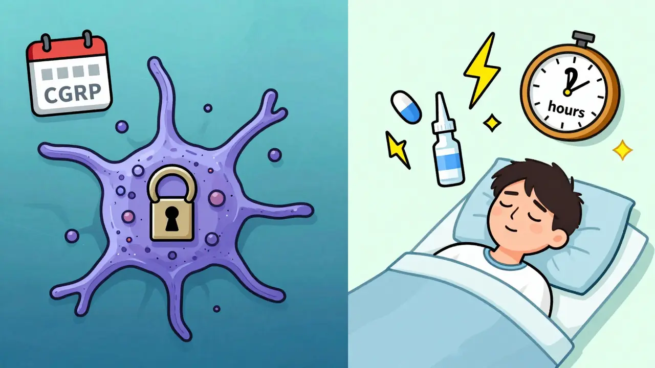 Monoclonal antibody key locking a neuron receptor beside a fast-acting pill and nasal spray.