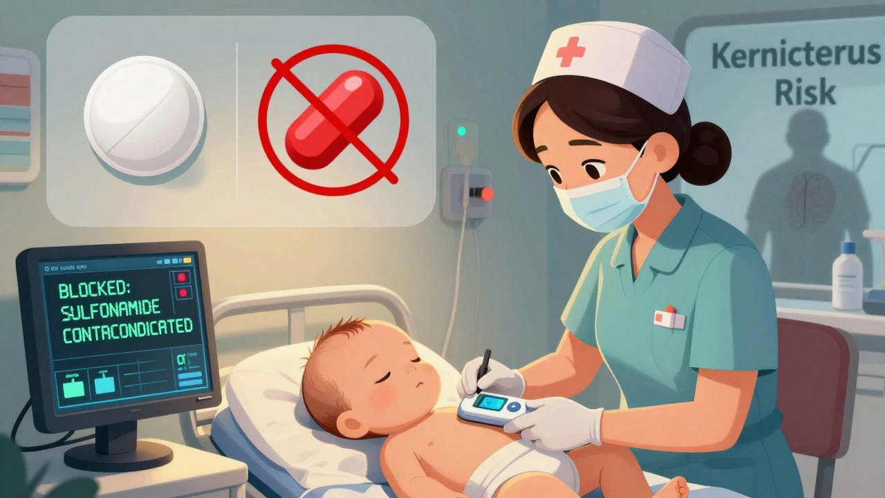 Nurse checking bilirubin levels with digital alert blocking sulfonamide, safe antibiotic shown beside.