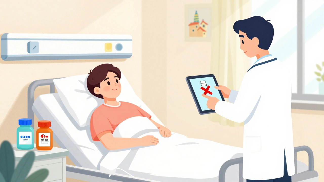 Patient in foreign hospital surrounded by unlabeled medicine bottles and a doctor checking a tablet.