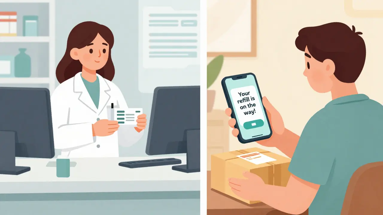 Patient receiving prescription at pharmacy and same med delivered at home.