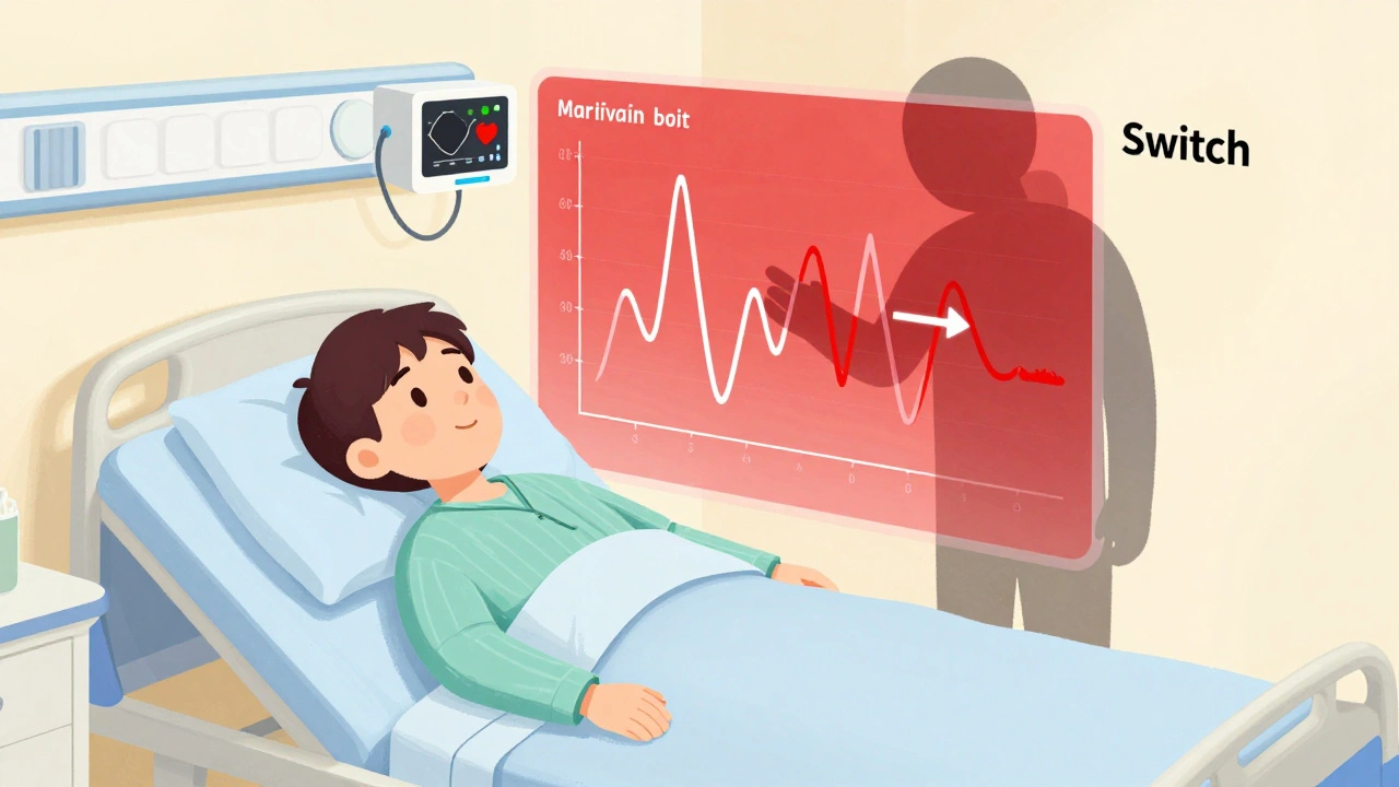 Patient with heart monitor shows fluctuating drug levels as a shadowy figure attempts to switch medications.