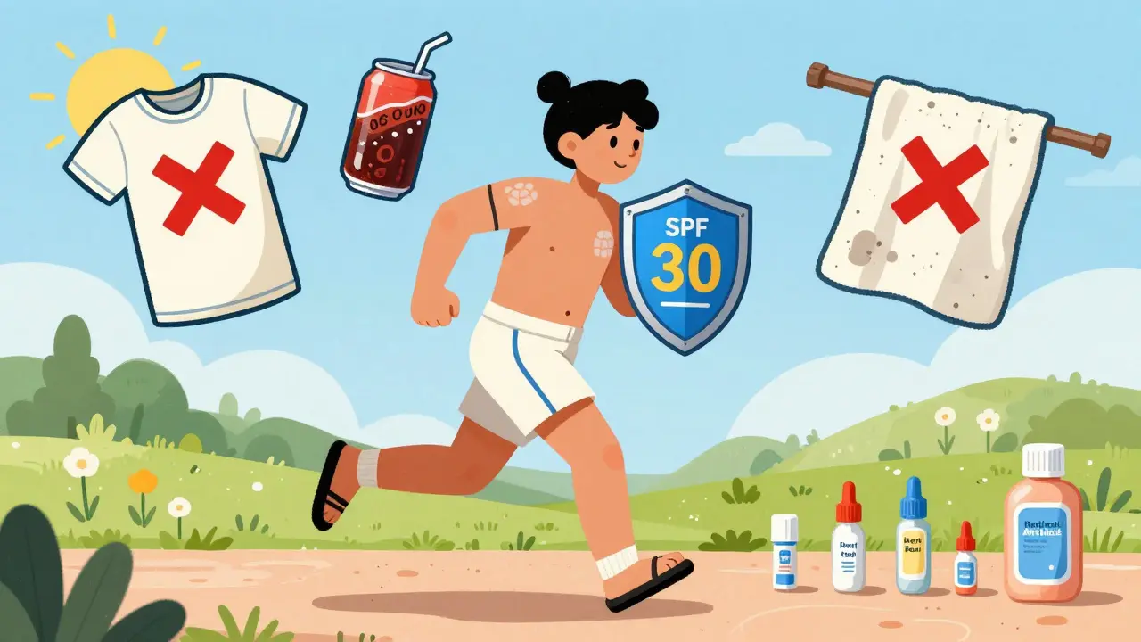 Person jogging in cotton clothes with SPF shield, obstacles like tight shirt and soda marked with Xs.